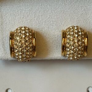 Vintage Swarovski Gold Tone Pave Crystal Huggie Hoop Clip-on Earrings-MINT!
